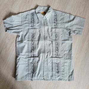 The Genuine Haband Guayabera Zipper Blue Cigar Embroidered Cuban Men's Shirt-Med